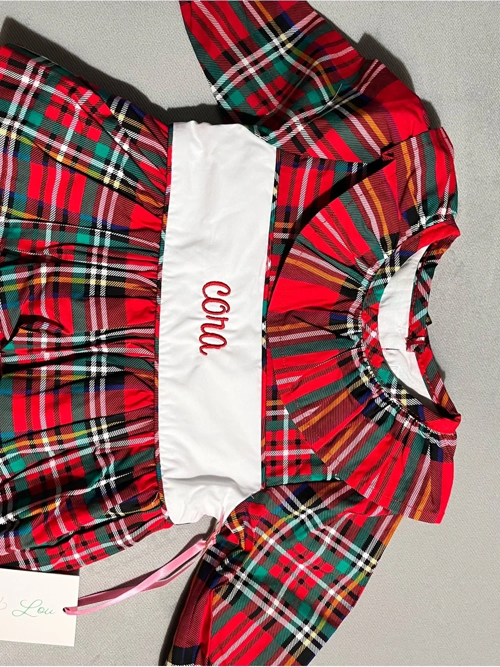 Cora- Cecil and Lou Red Green Plaid Girls Holiday Dress with bloomers White Sash